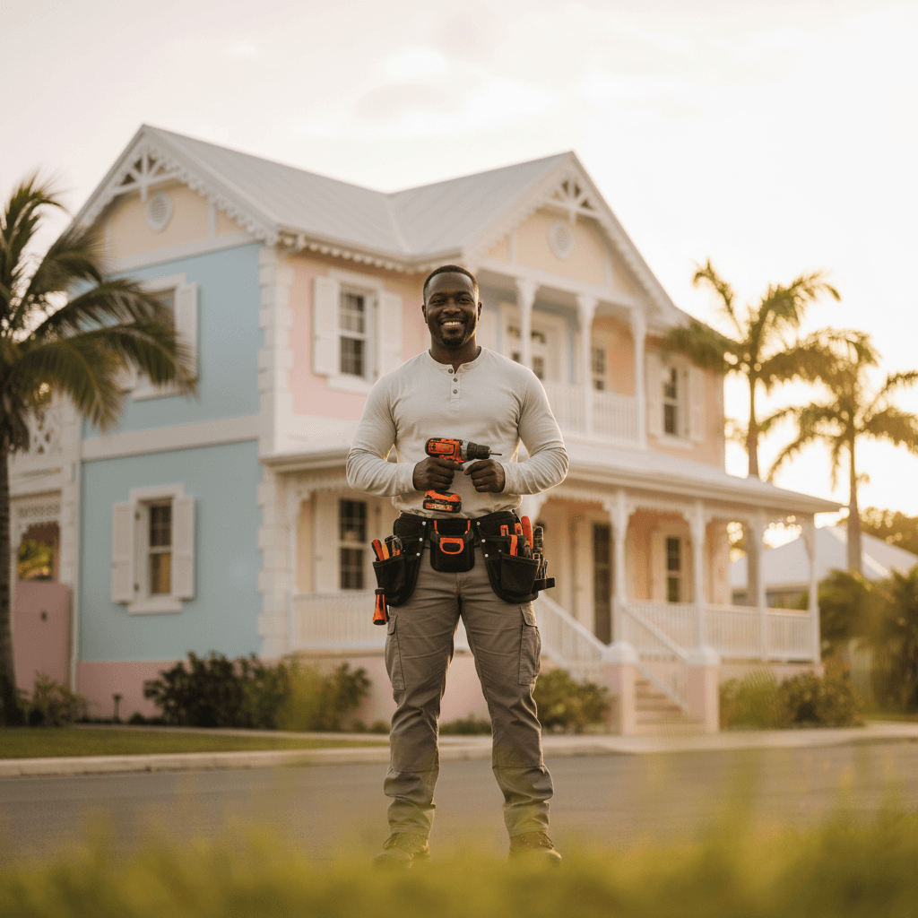 Professional Caribbean tradesperson in front of a pastel Barbados villa